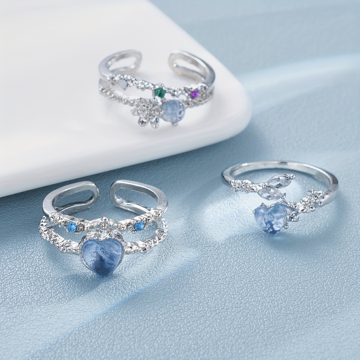 Heart & Floral Rhinestone Ring Set 3 Piece Combination Jewelry